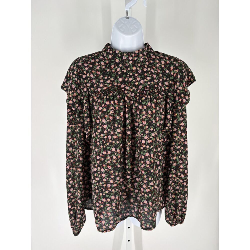 WAYF Long Sleeve Floral Ruffle Mock Neck Blouse